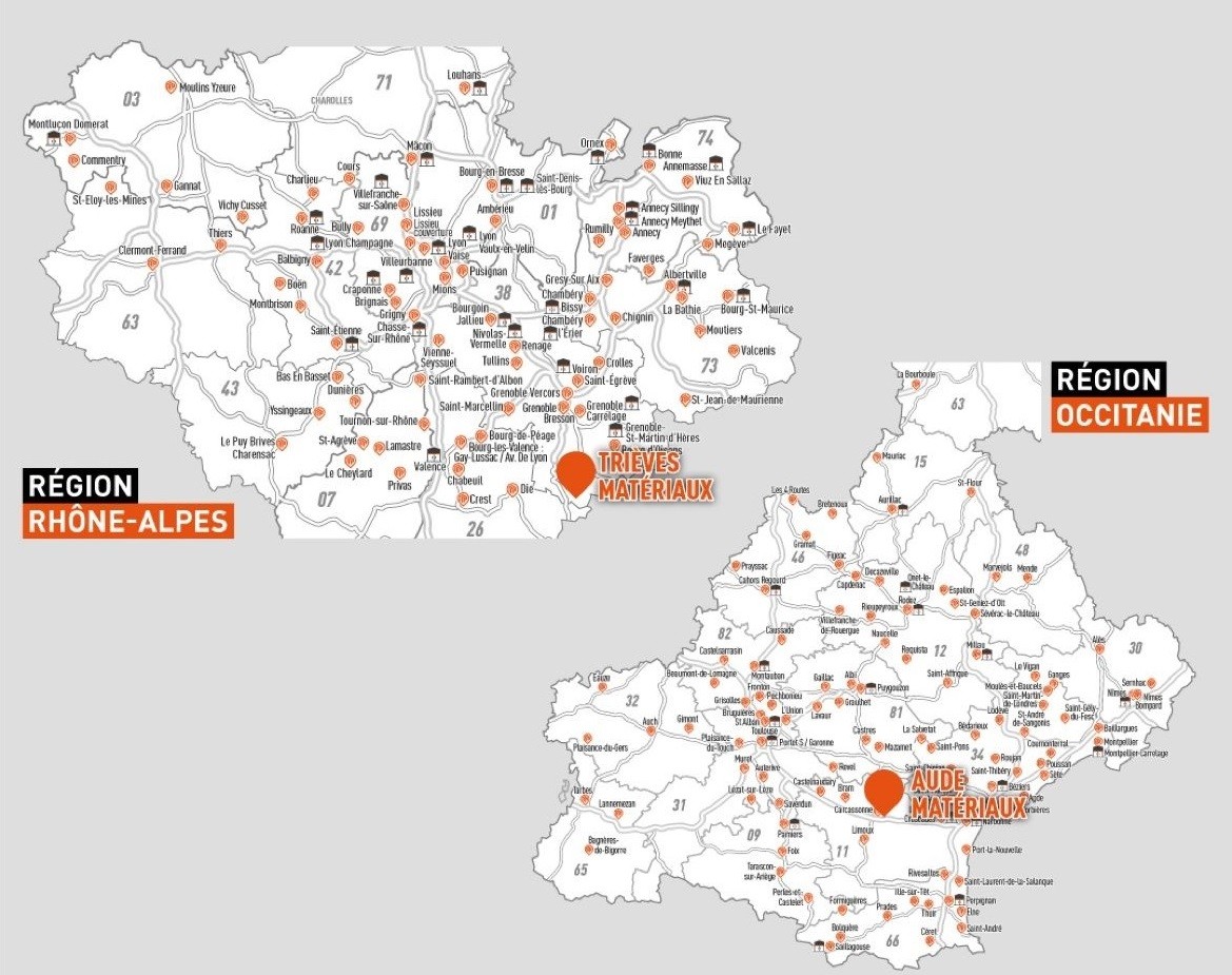 Point.P - Carte des implantations en Occitanie + Rhône-Alpes.